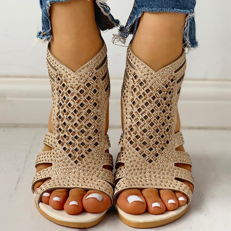 Flat Cutout Roman Sandals with Rhinestones