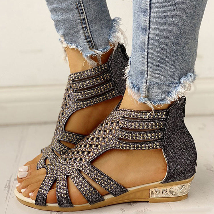 Flat Cutout Roman Sandals with Rhinestones