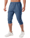 Ohoo Mens 3/4 Capri Cargo Joggers Slim Fit Lightweight Active Pants for Yoga Running Casual Wear / DCA201-SMOKEYBLUE-S