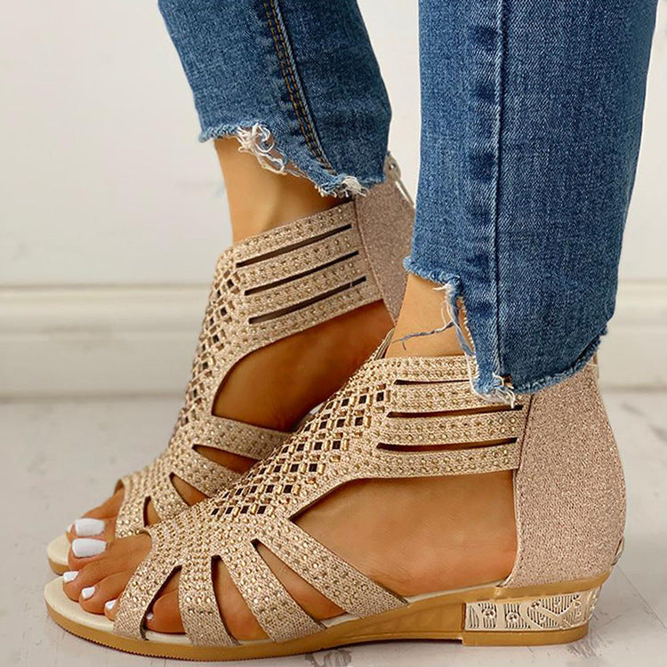 Flat Cutout Roman Sandals with Rhinestones
