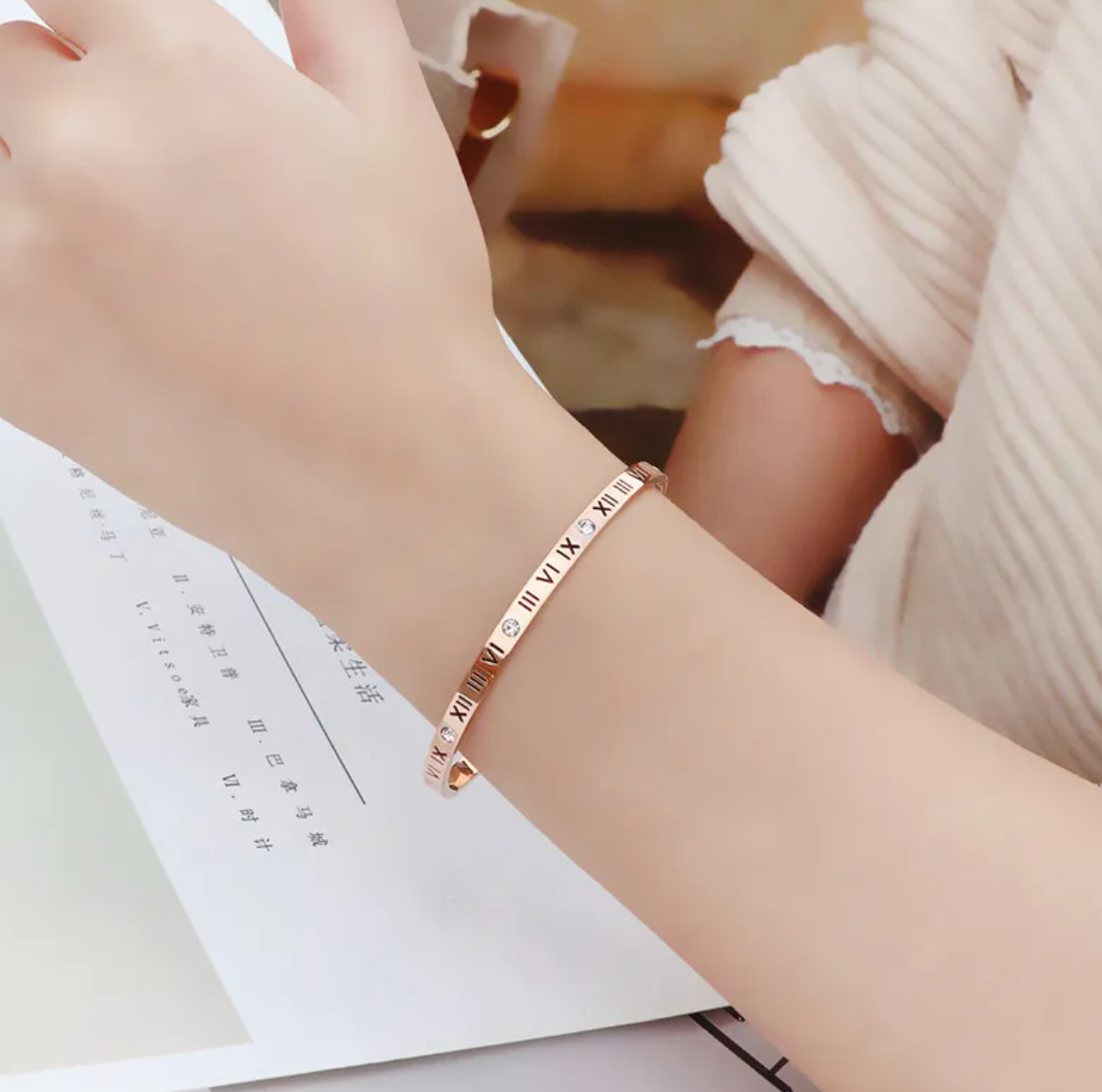 Women's Titanium Steel Roman Numeral Diamond Bracelet